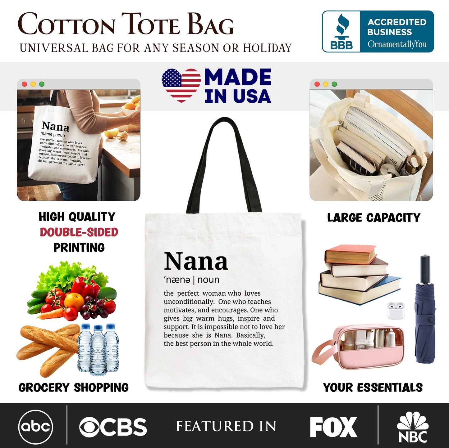 Nana Definition Canvas Tote Bag, Funny Grandmother Gift Shopper