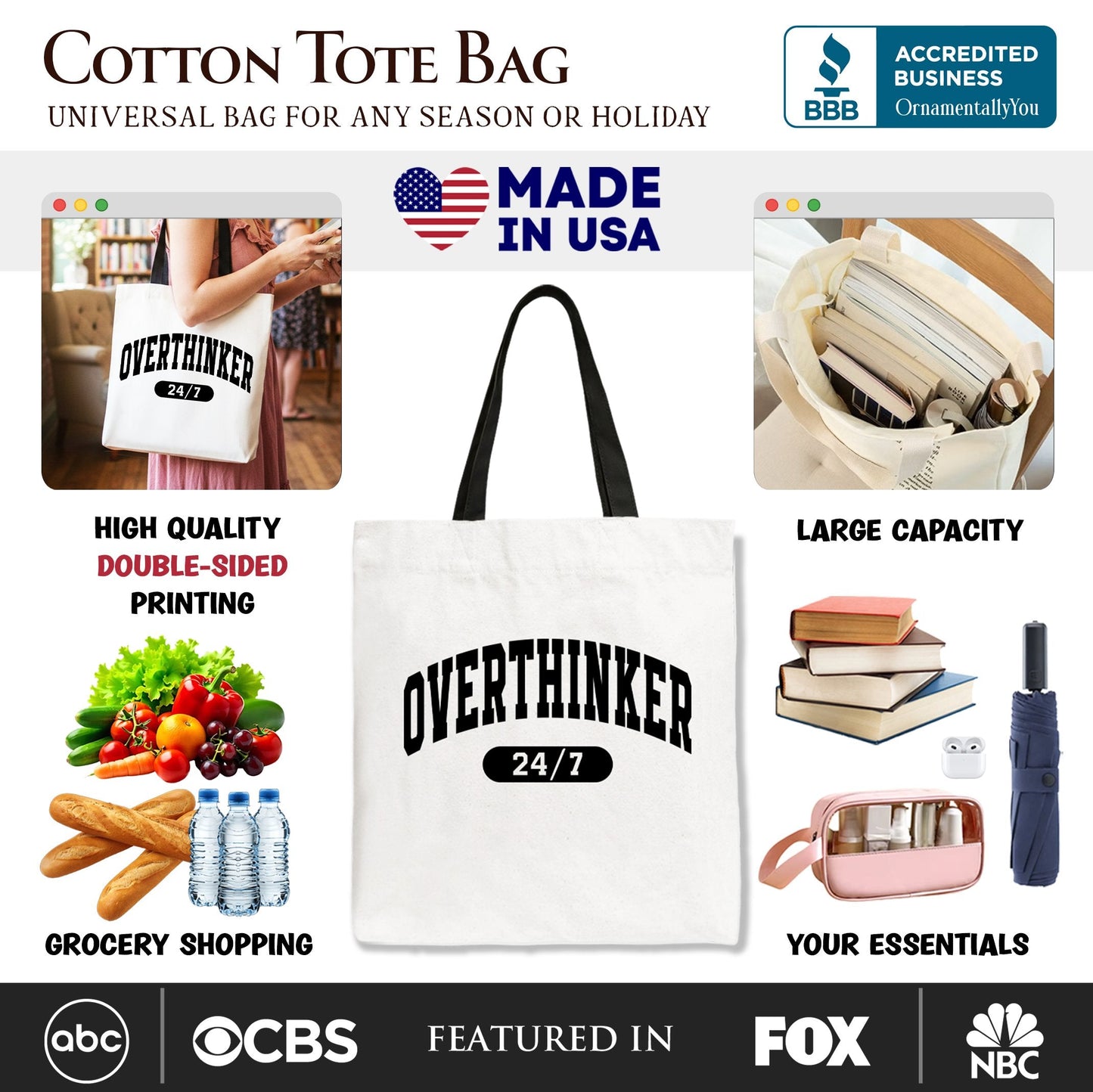 Over Thinker 24/7 Tote Bag, Minimalist Collegiate Gift Shopper for Tired Women