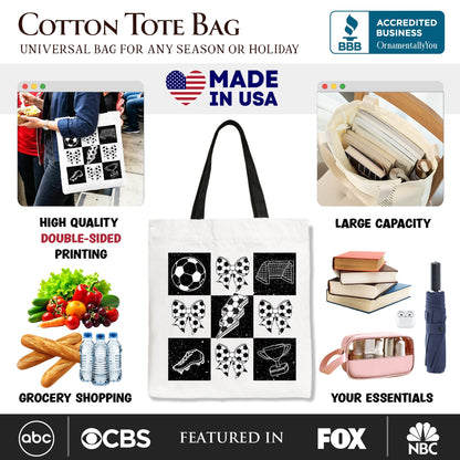 Retro Checkered Soccer Tote Bag, Coquette Bow Game Day Gift Shopper