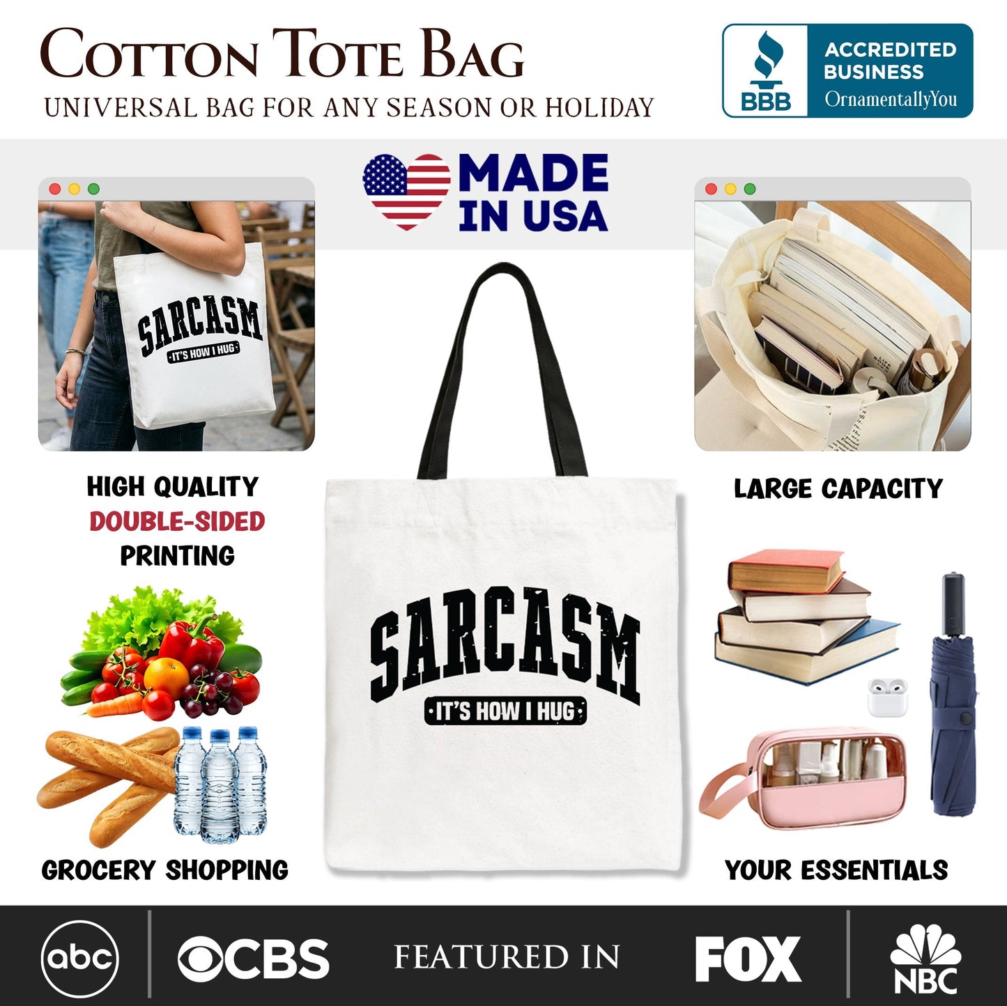 Sarcasm It's How I Hug Tote Bag, Funny Minimalist Gift Shopper for Bold and Sarcastic Women