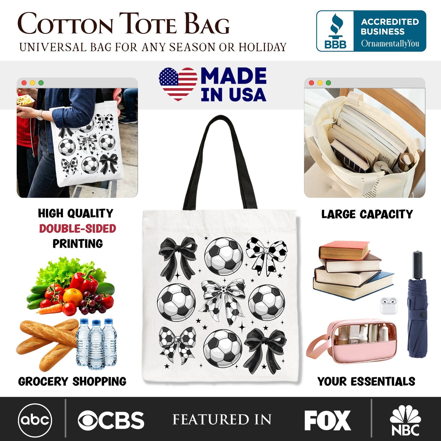 Soccer Balls Coquette Bows Tote Bag, Sports Mom Gift Shopper