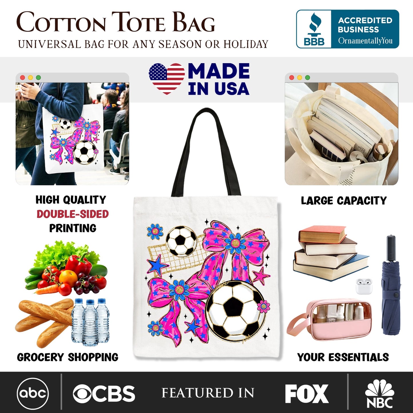 Soccer Coquette Pink Bow Tote Bag, Preppy Game Day Gift Shopper