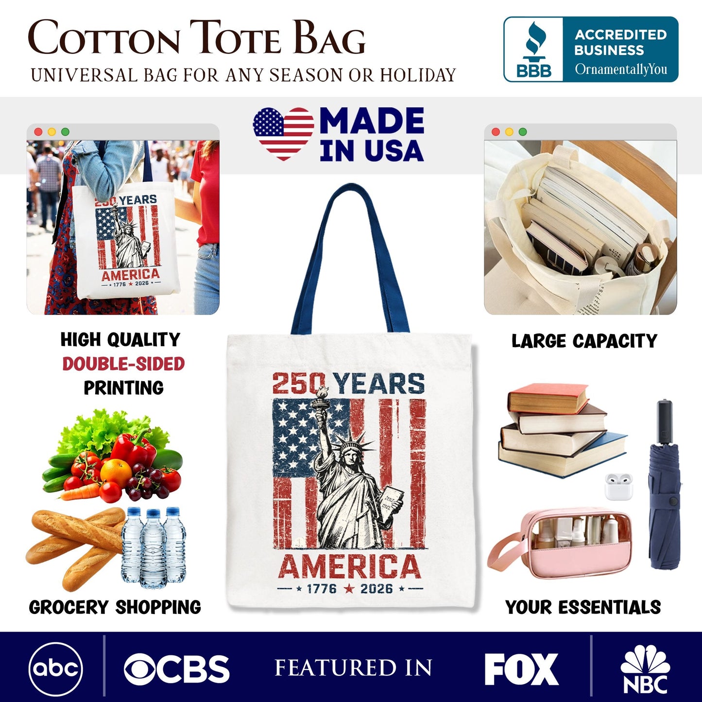 Statue of Liberty America Flag 250 Years Tote Bag, 4th of July USA Patriotic 1776–2026 Gift Shopper
