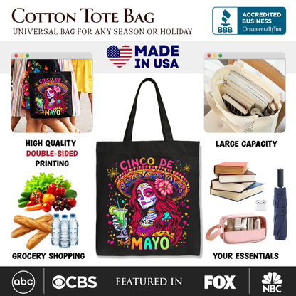 Sugar Skull Girl Cinco De Mayo Tote Bag, Mexican Margarita Sombrero Gift Shopper