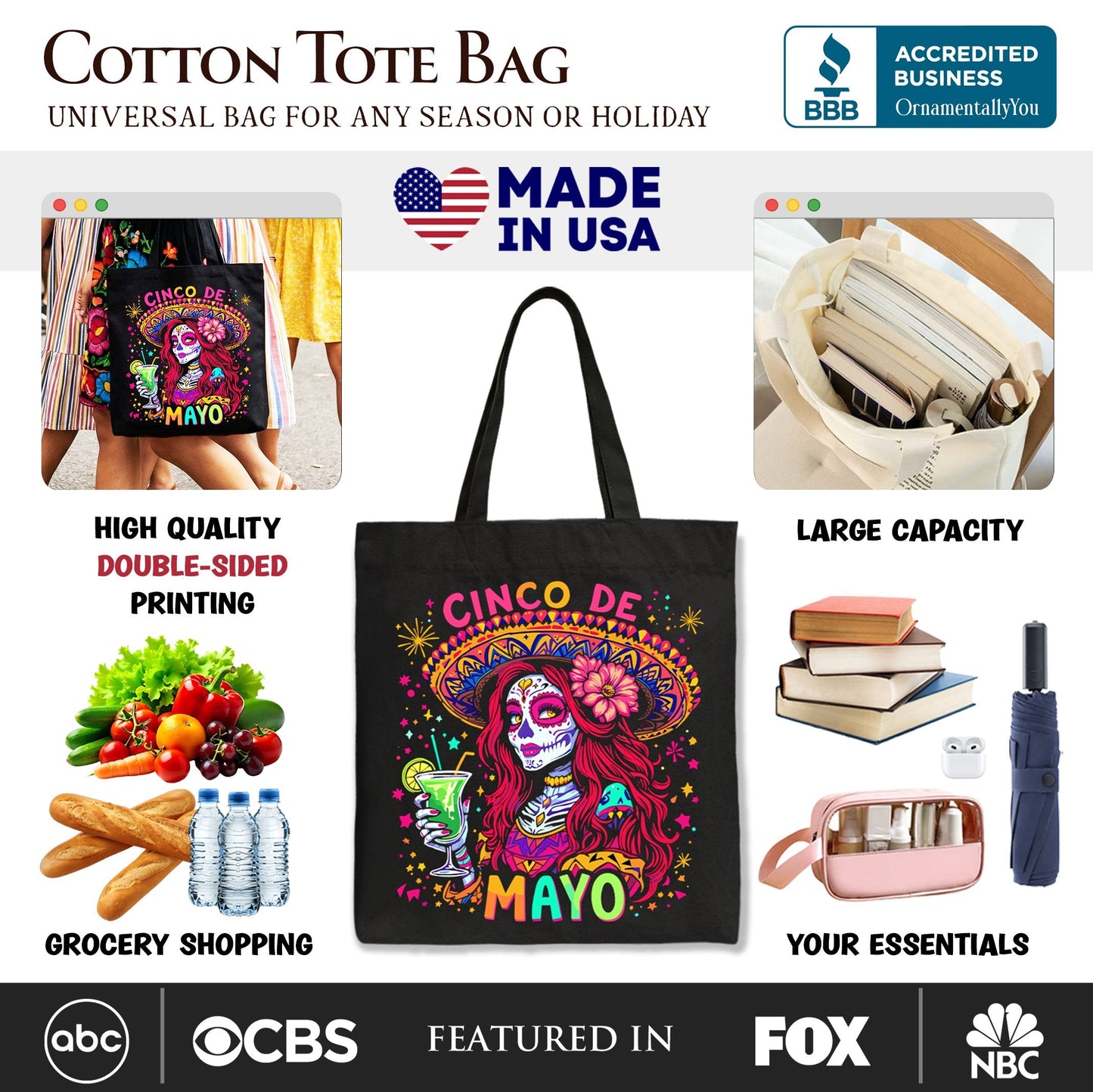 Sugar Skull Girl Cinco De Mayo Tote Bag, Mexican Margarita Sombrero Gift Shopper