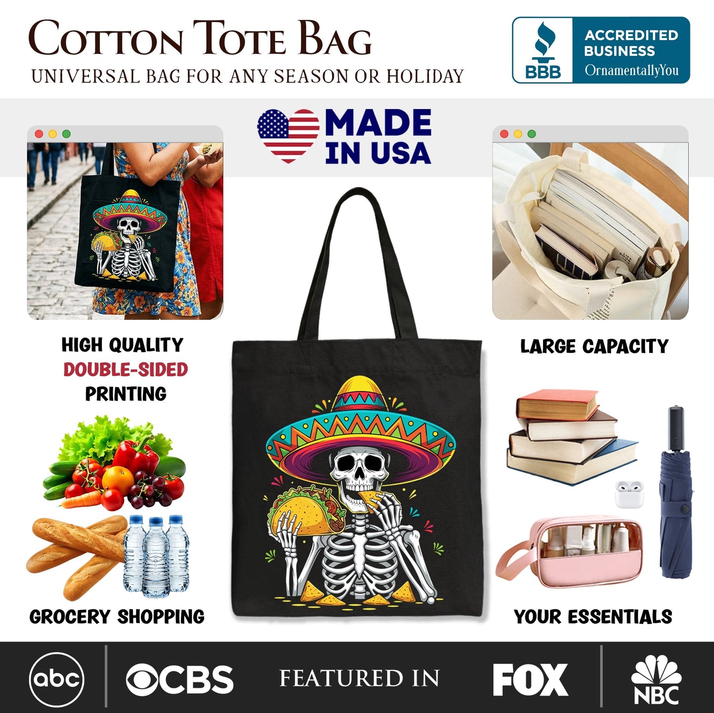 Taco Skeleton Cinco De Mayo Tote Bag, Funny Mexican Skull Sombrero Gift Shopper