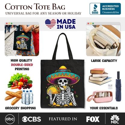 Taco Skeleton Cinco De Mayo Tote Bag, Funny Mexican Skull Sombrero Gift Shopper