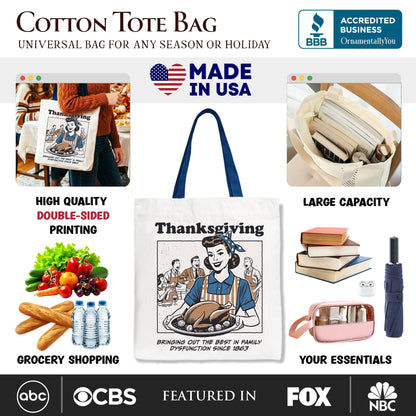 Thanksgiving Family Dysfunction Retro Tote Bag, Funny Holiday Humor Gift Shopper for Sarcastic Families