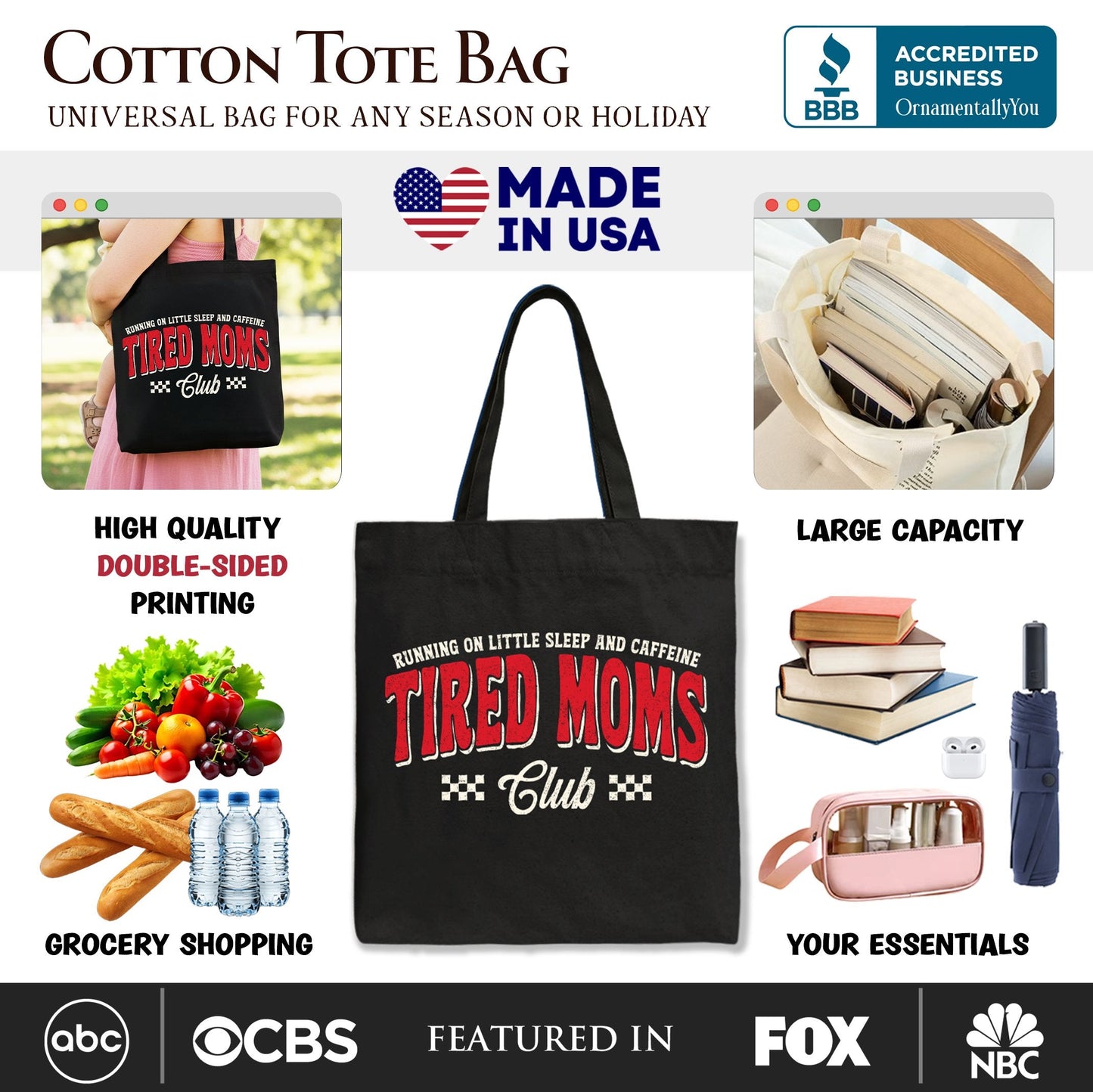 Tired Moms Club Tote Bag, Funny Motherhood Sarcastic Humor Gift Shopper