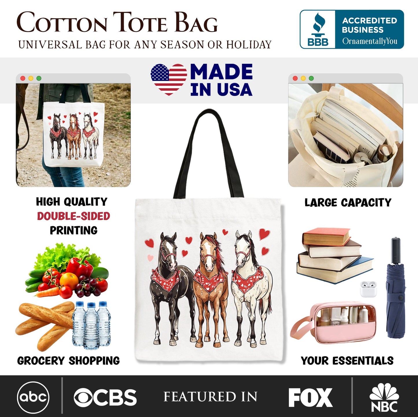Valentine Horses Western Tote Bag, Cute Country Lover Gift Shopper