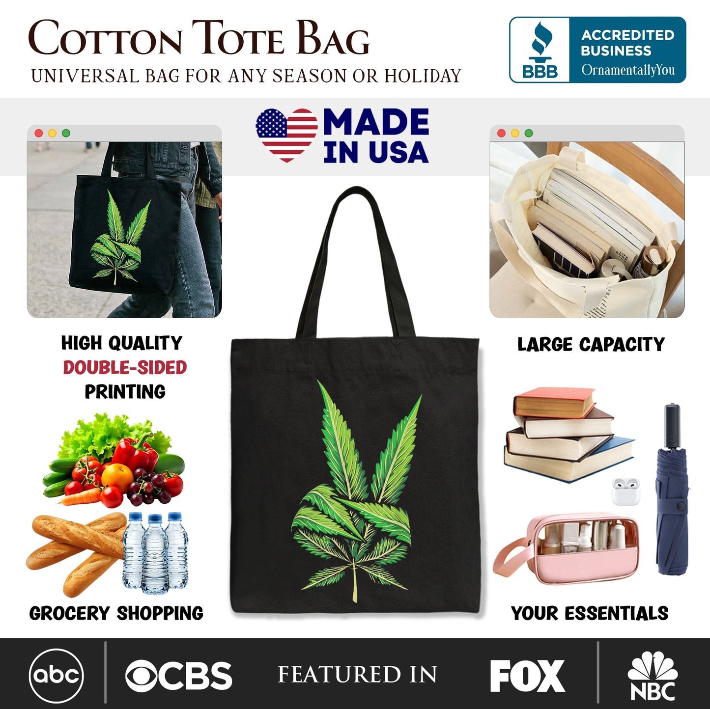 Weed Leaf Peace Sign Tote Bag, Funny 420 Stoner Gift Shopper