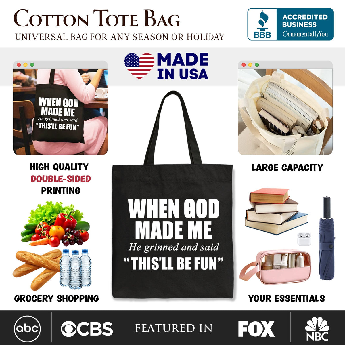 When God Made Me Christian Tote Bag, Funny Faith Gift Shopper