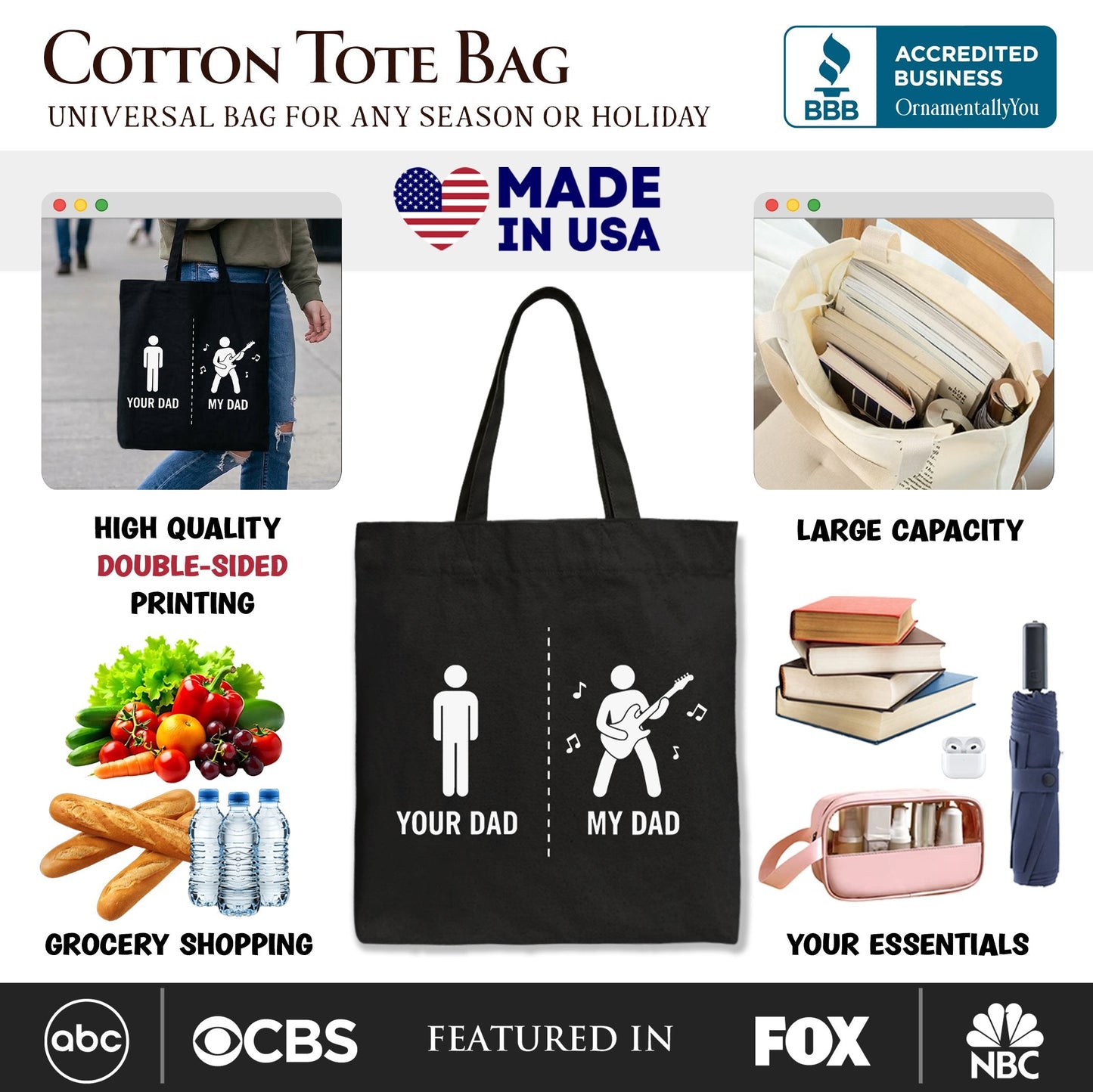 Your Dad Vs My Cool Dad Tote Bag, Funny Bass Guitar Rock Father's Day Gift Shopper