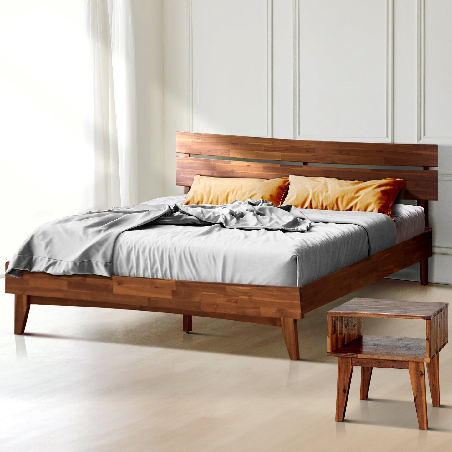[Buy 1 Get 1] Aurora Solid Wood Bed Frame & Nightstand Set