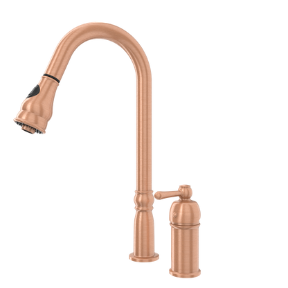 Copper Kitchen Faucet with in-Deck Handle and Soap Dispenser, Single Handle Solid Brass High Arc Pull Down Sprayer Head Kitchen Sink Faucet