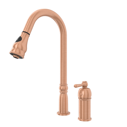 Copper Kitchen Faucet with in-Deck Handle and Soap Dispenser, Single Handle Solid Brass High Arc Pull Down Sprayer Head Kitchen Sink Faucet