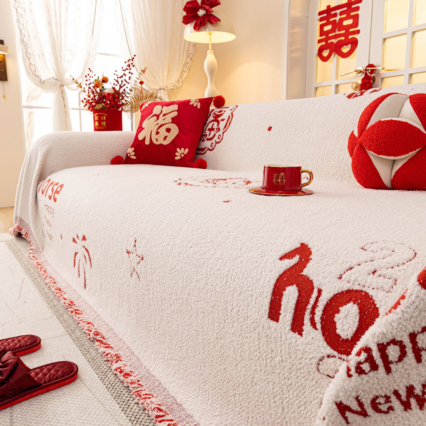 Chinese New Year Sofa Throw Cover Blanket, Decor Festive Red Fu Pattern Couch Cover
