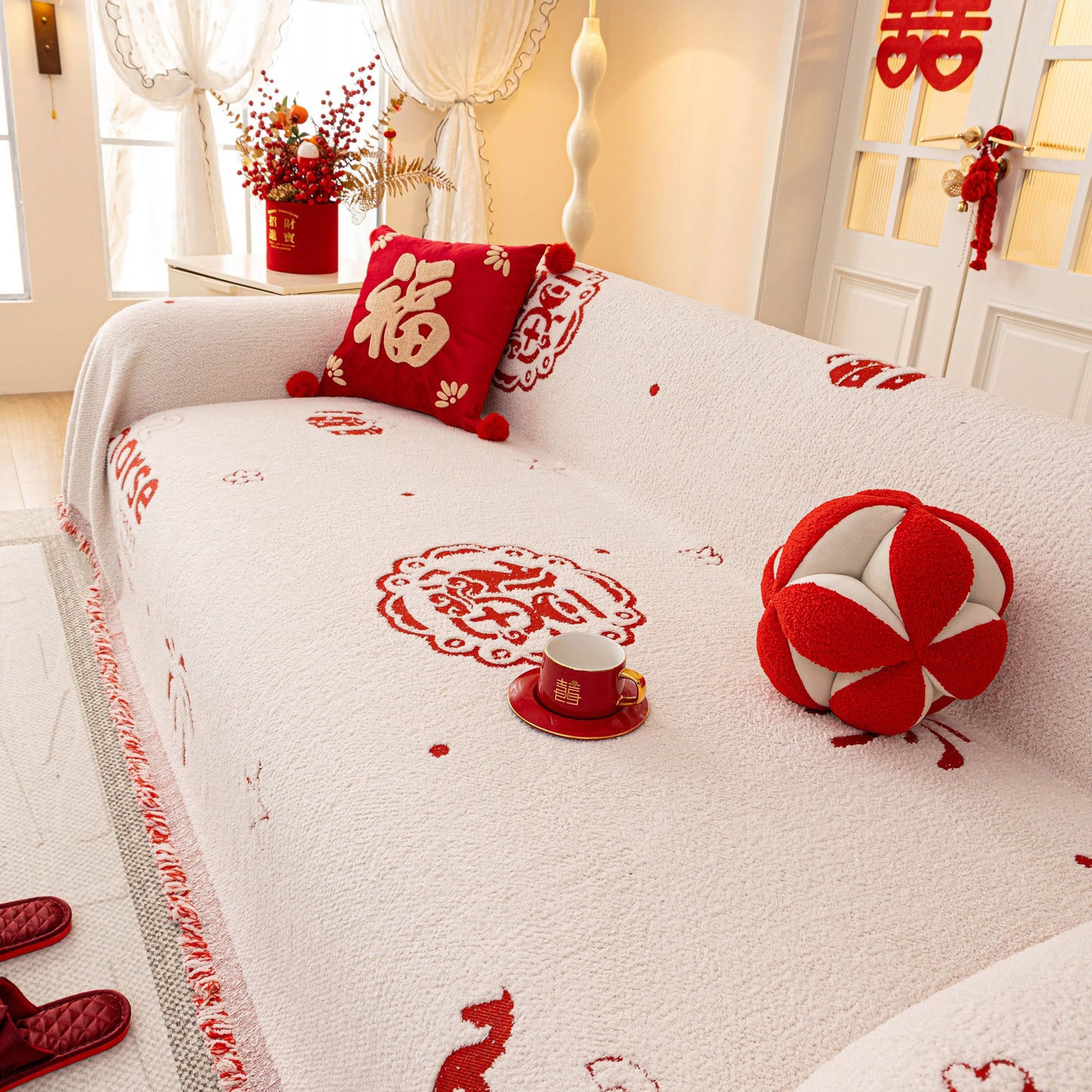 Chinese New Year Sofa Throw Cover Blanket, Decor Festive Red Fu Pattern Couch Cover