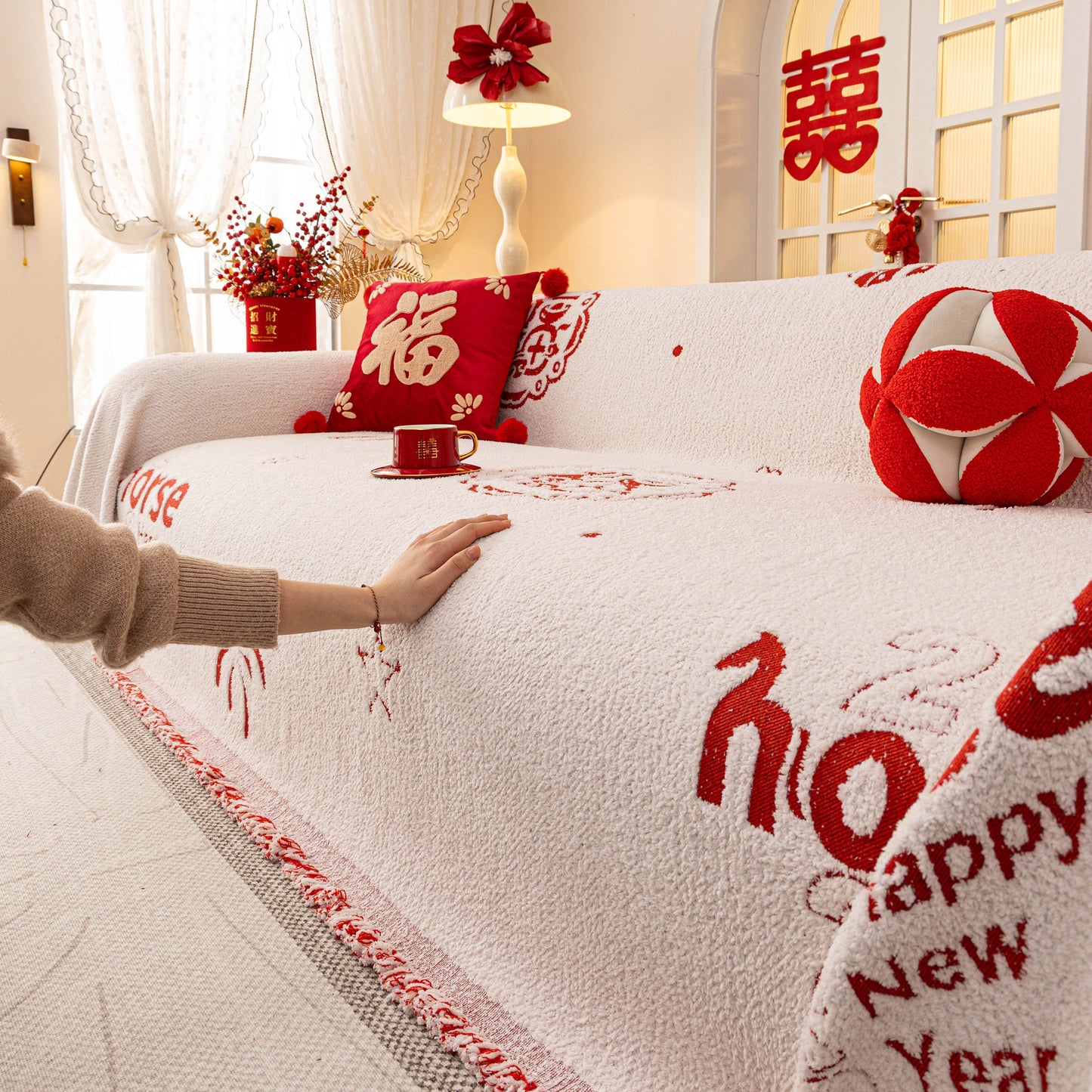 Chinese New Year Sofa Throw Cover Blanket, Decor Festive Red Fu Pattern Couch Cover