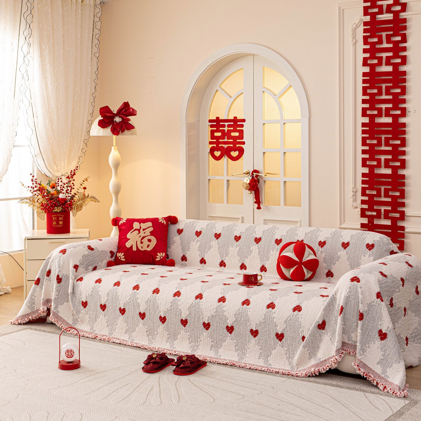 Chinese New Year Sofa Throw Cover Blanket, Decor Festive Red Fu Pattern Couch Cover