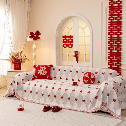 Chinese New Year Sofa Throw Cover Blanket, Decor Festive Red Fu Pattern Couch Cover