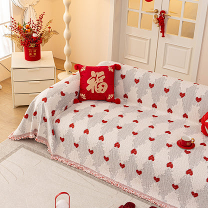 Chinese New Year Sofa Throw Cover Blanket, Decor Festive Red Fu Pattern Couch Cover