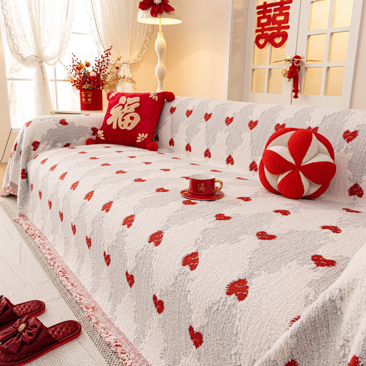Chinese New Year Sofa Throw Cover Blanket, Decor Festive Red Fu Pattern Couch Cover