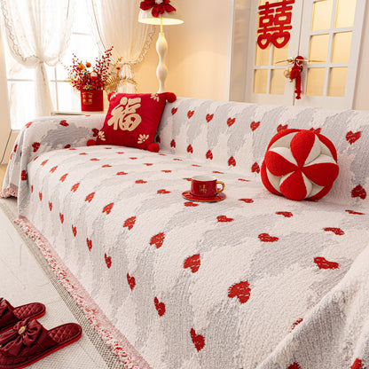 Chinese New Year Sofa Throw Cover Blanket, Decor Festive Red Fu Pattern Couch Cover