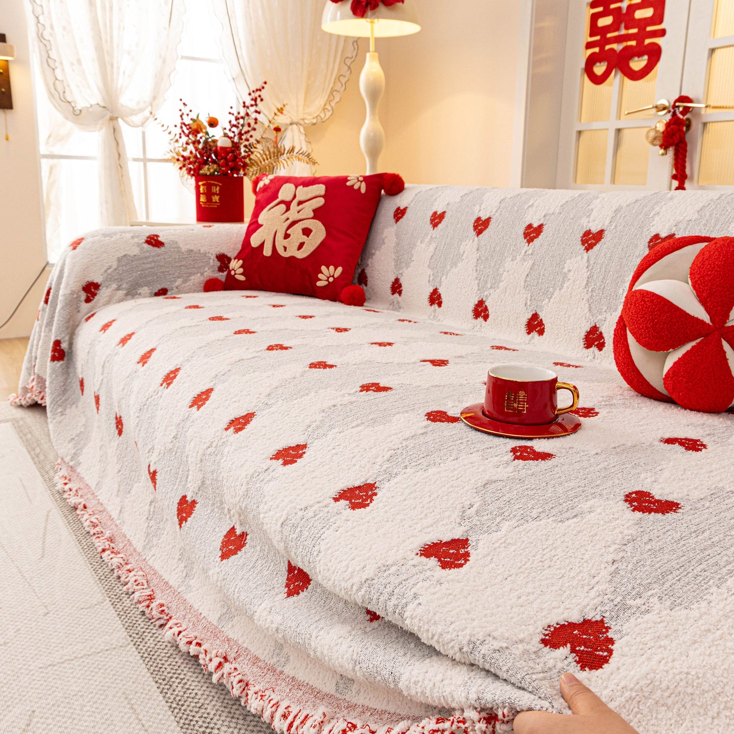 Chinese New Year Sofa Throw Cover Blanket, Decor Festive Red Fu Pattern Couch Cover