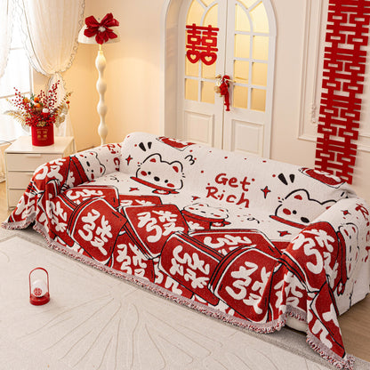 Chinese New Year Sofa Throw Cover Blanket, Decor Festive Red Fu Pattern Couch Cover