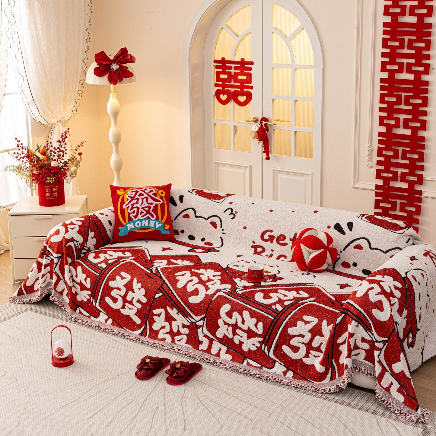 Chinese New Year Sofa Throw Cover Blanket, Decor Festive Red Fu Pattern Couch Cover