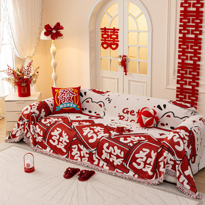 Chinese New Year Sofa Throw Cover Blanket, Decor Festive Red Fu Pattern Couch Cover