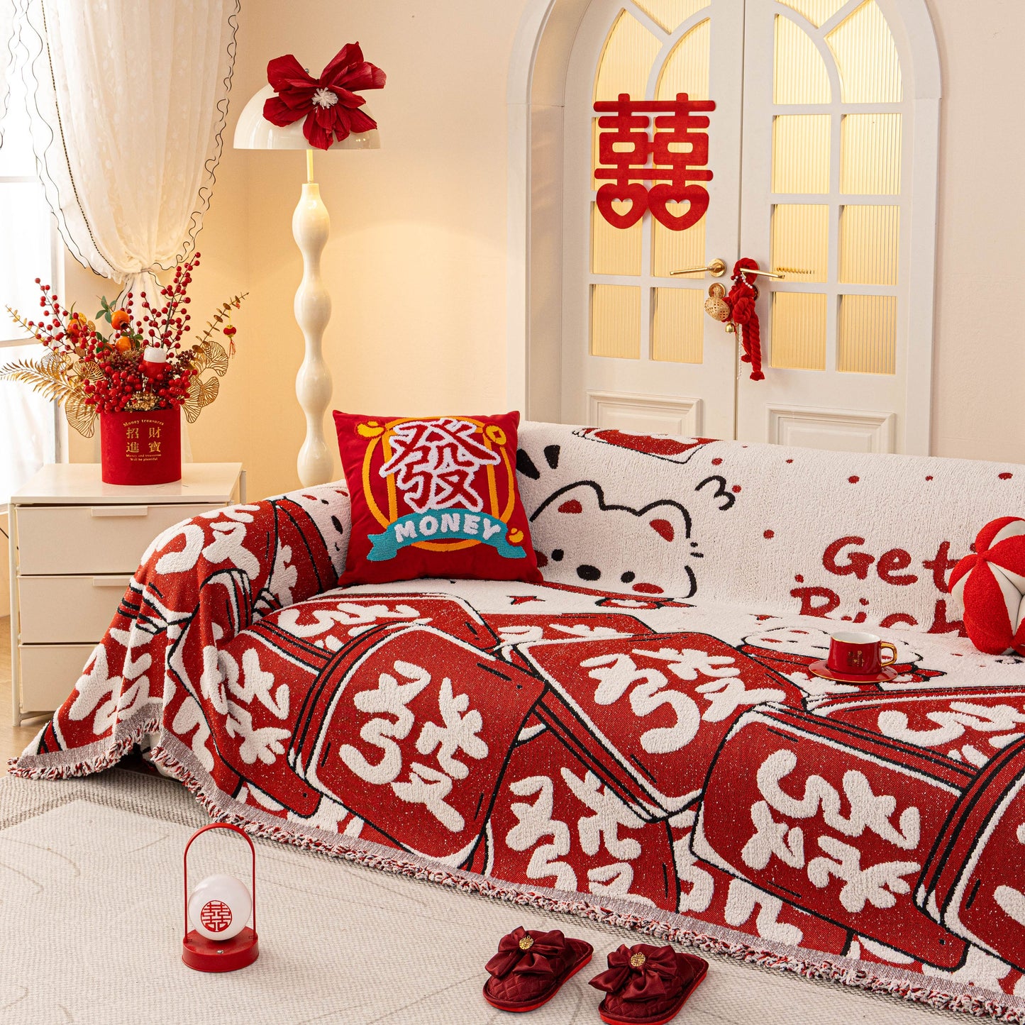 Chinese New Year Sofa Throw Cover Blanket, Decor Festive Red Fu Pattern Couch Cover