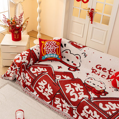 Chinese New Year Sofa Throw Cover Blanket, Decor Festive Red Fu Pattern Couch Cover