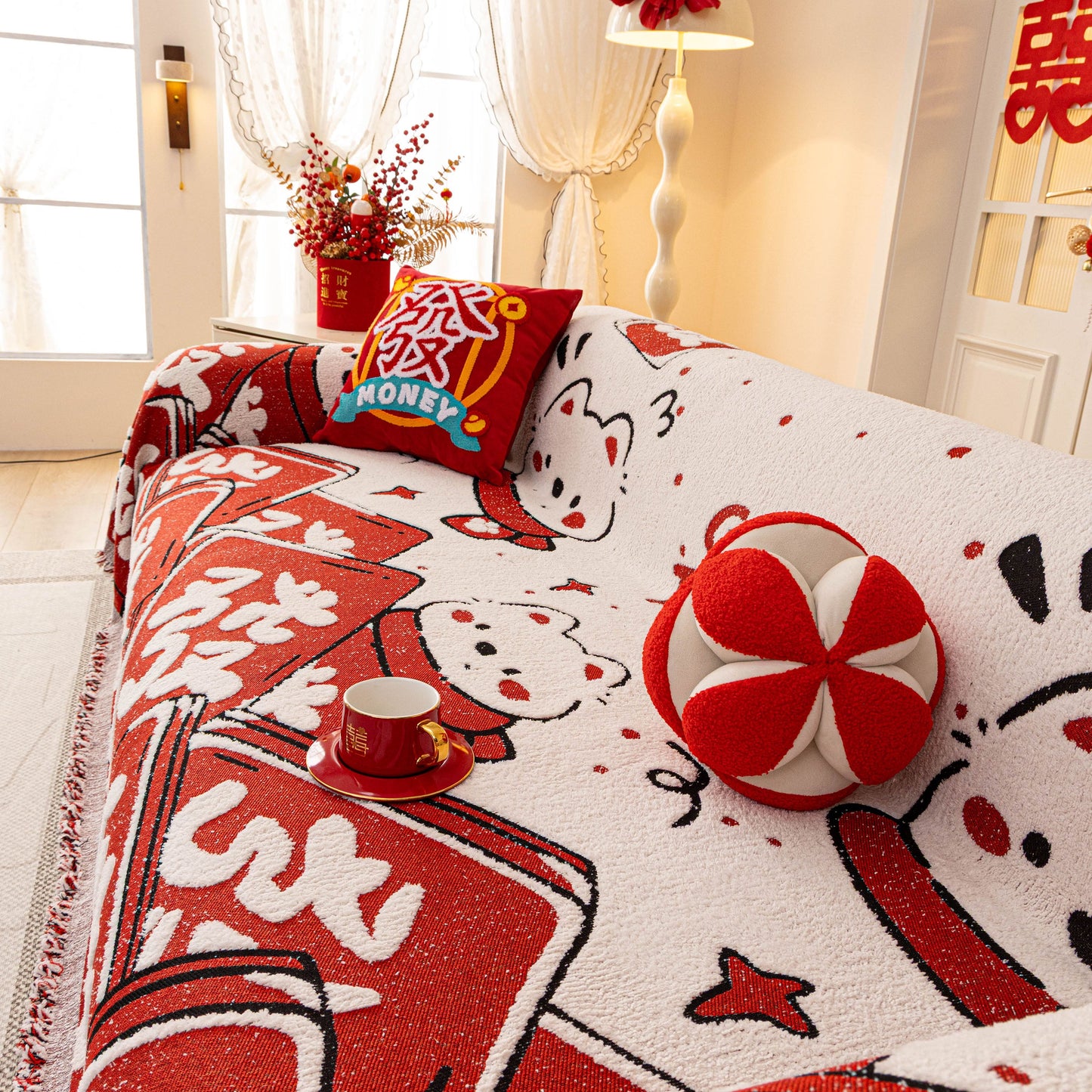 Chinese New Year Sofa Throw Cover Blanket, Decor Festive Red Fu Pattern Couch Cover