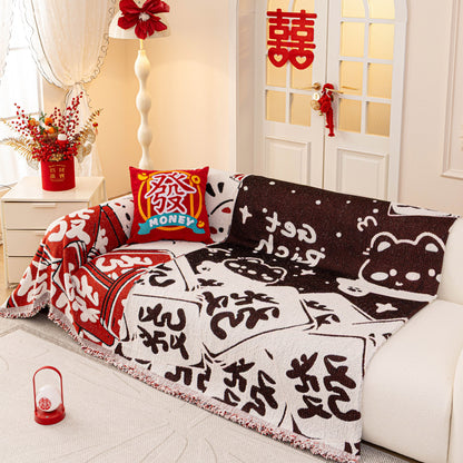 Chinese New Year Sofa Throw Cover Blanket, Decor Festive Red Fu Pattern Couch Cover
