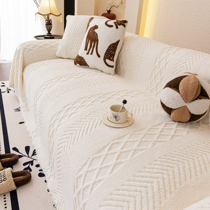 Plush Fleece Sofa Cover with 3D Cable Knit Texture Soft Cozy Warm Sofa Throw Blanket