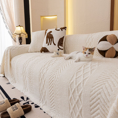 Plush Fleece Sofa Cover with 3D Cable Knit Texture Soft Cozy Warm Sofa Throw Blanket
