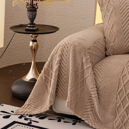 Plush Fleece Sofa Cover with 3D Cable Knit Texture Soft Cozy Warm Sofa Throw Blanket