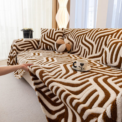 Plush Sherpa Sofa Throw Cover for Sectional, Jacquard Wave Throw Furniture Protector