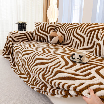 Plush Sherpa Sofa Throw Cover for Sectional, Jacquard Wave Throw Furniture Protector
