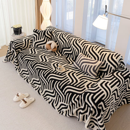 Plush Sherpa Sofa Throw Cover for Sectional, Jacquard Wave Throw Furniture Protector