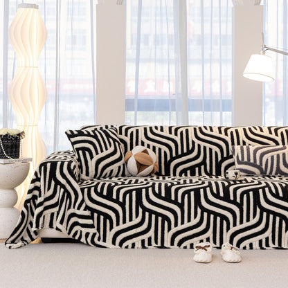 Plush Sherpa Sofa Throw Cover for Sectional, Jacquard Wave Throw Furniture Protector