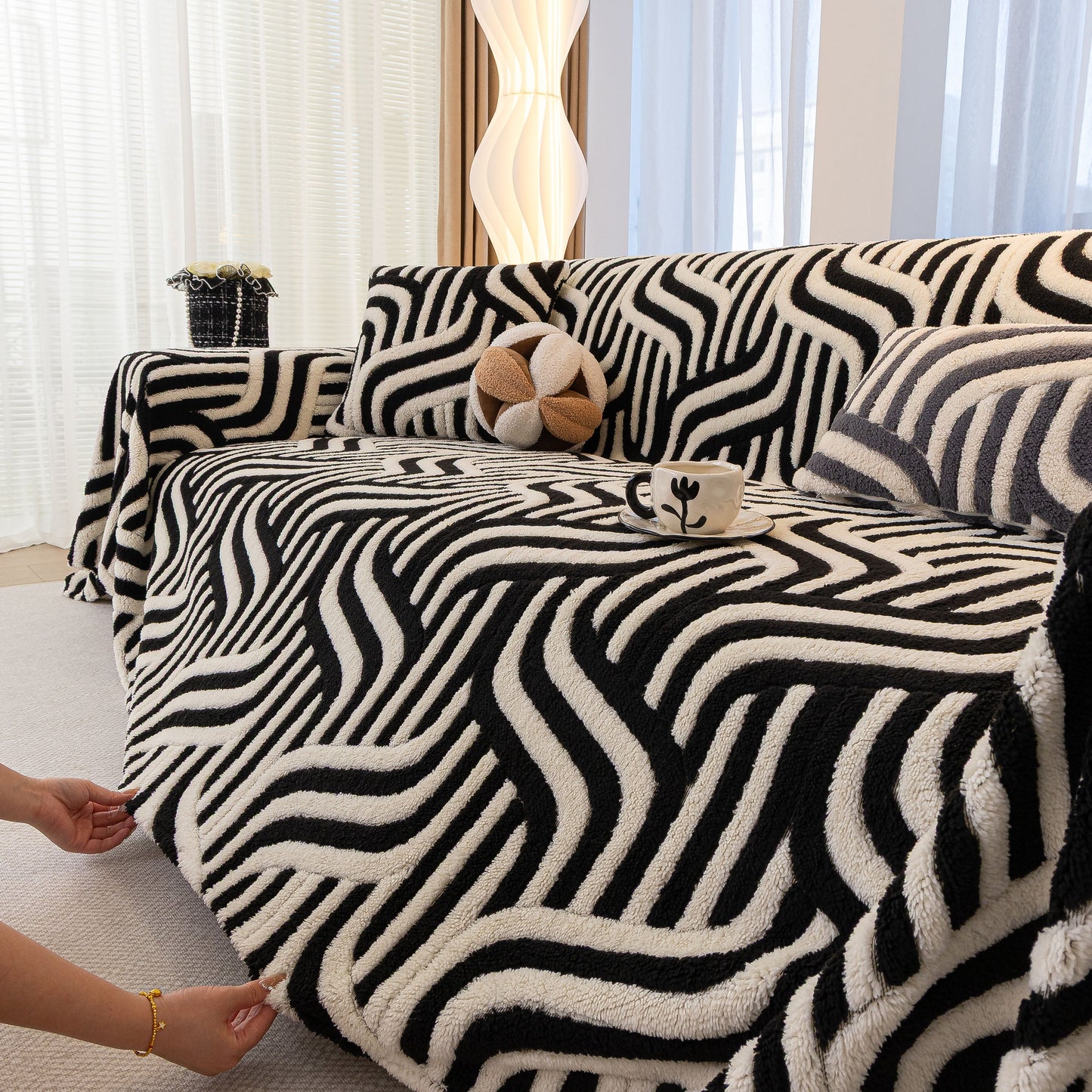 Plush Sherpa Sofa Throw Cover for Sectional, Jacquard Wave Throw Furniture Protector