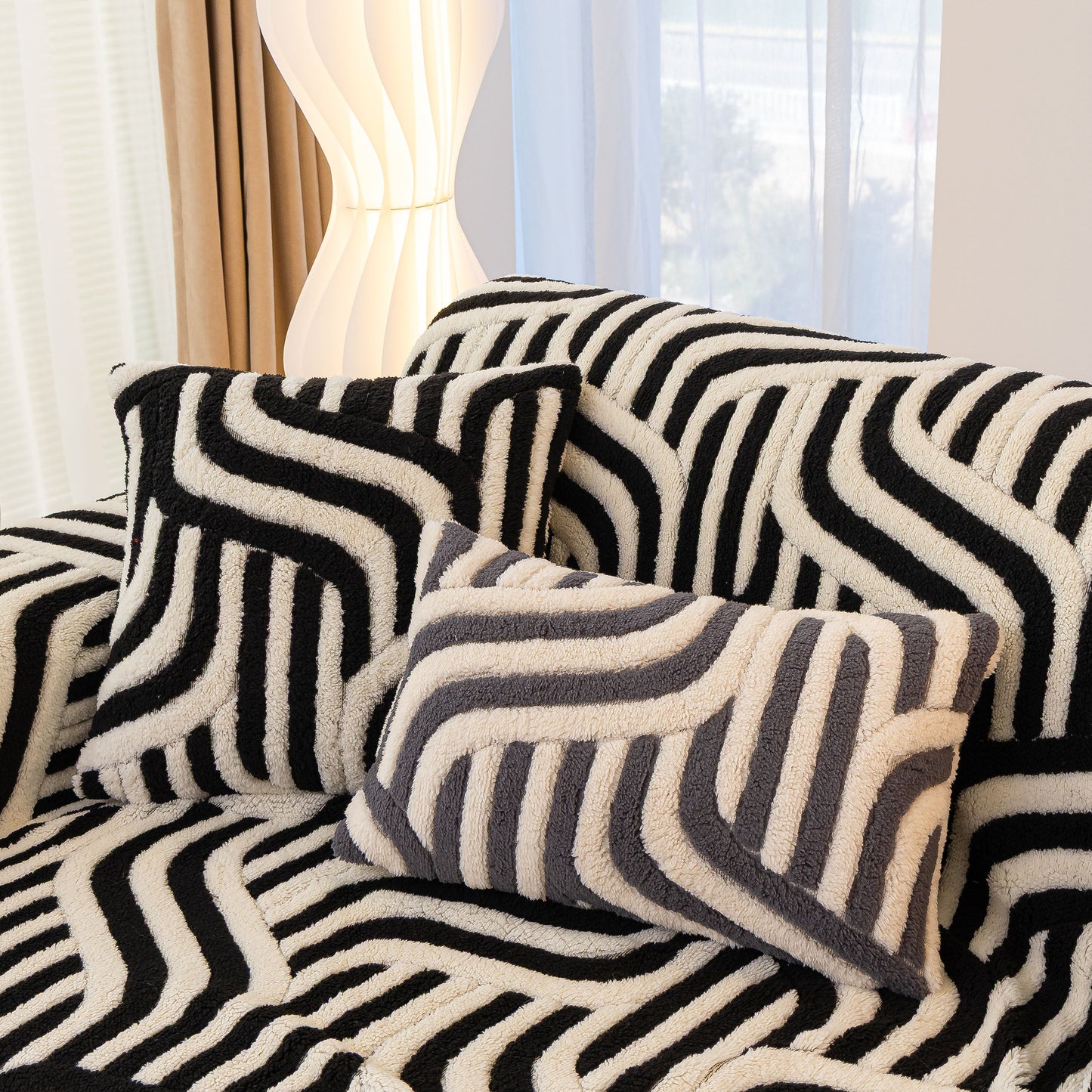 Plush Sherpa Sofa Throw Cover for Sectional, Jacquard Wave Throw Furniture Protector