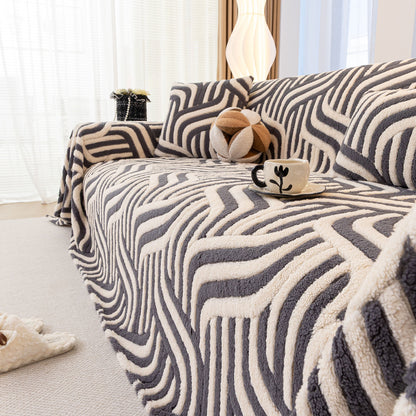 Plush Sherpa Sofa Throw Cover for Sectional, Jacquard Wave Throw Furniture Protector