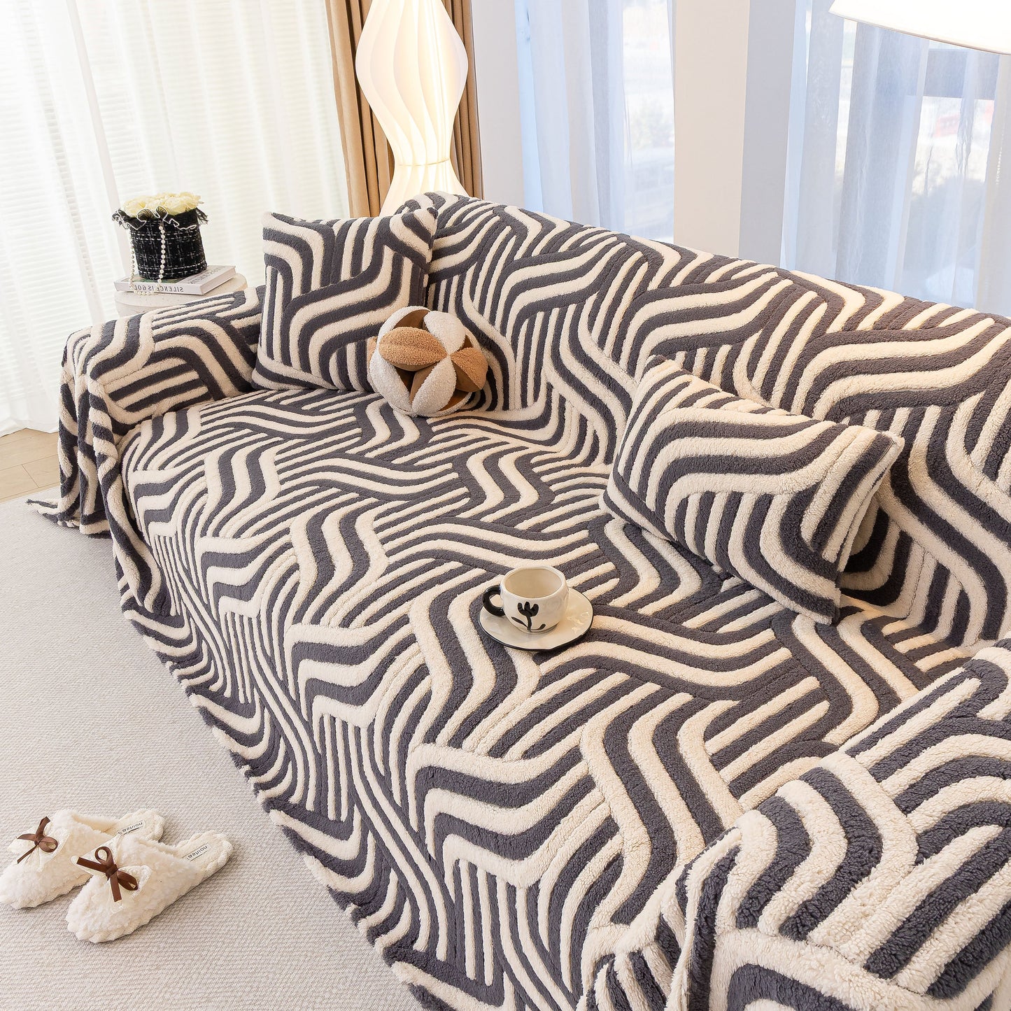Plush Sherpa Sofa Throw Cover for Sectional, Jacquard Wave Throw Furniture Protector