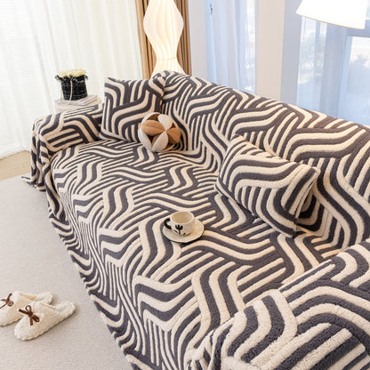 Plush Sherpa Sofa Throw Cover for Sectional, Jacquard Wave Throw Furniture Protector