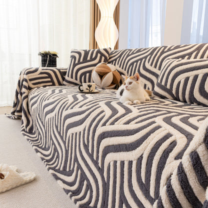 Plush Sherpa Sofa Throw Cover for Sectional, Jacquard Wave Throw Furniture Protector