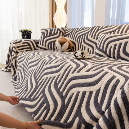 Plush Sherpa Sofa Throw Cover for Sectional, Jacquard Wave Throw Furniture Protector